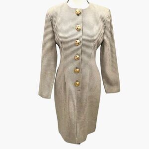 Vintage 90s Santa Fe Houndstooth Coat Dress Size 2 Black White Gold Buttons USA